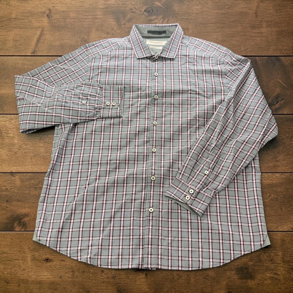 Tommy Bahama Island Modern Fit Plaid Button Down Shirt Mens XL Red Black White